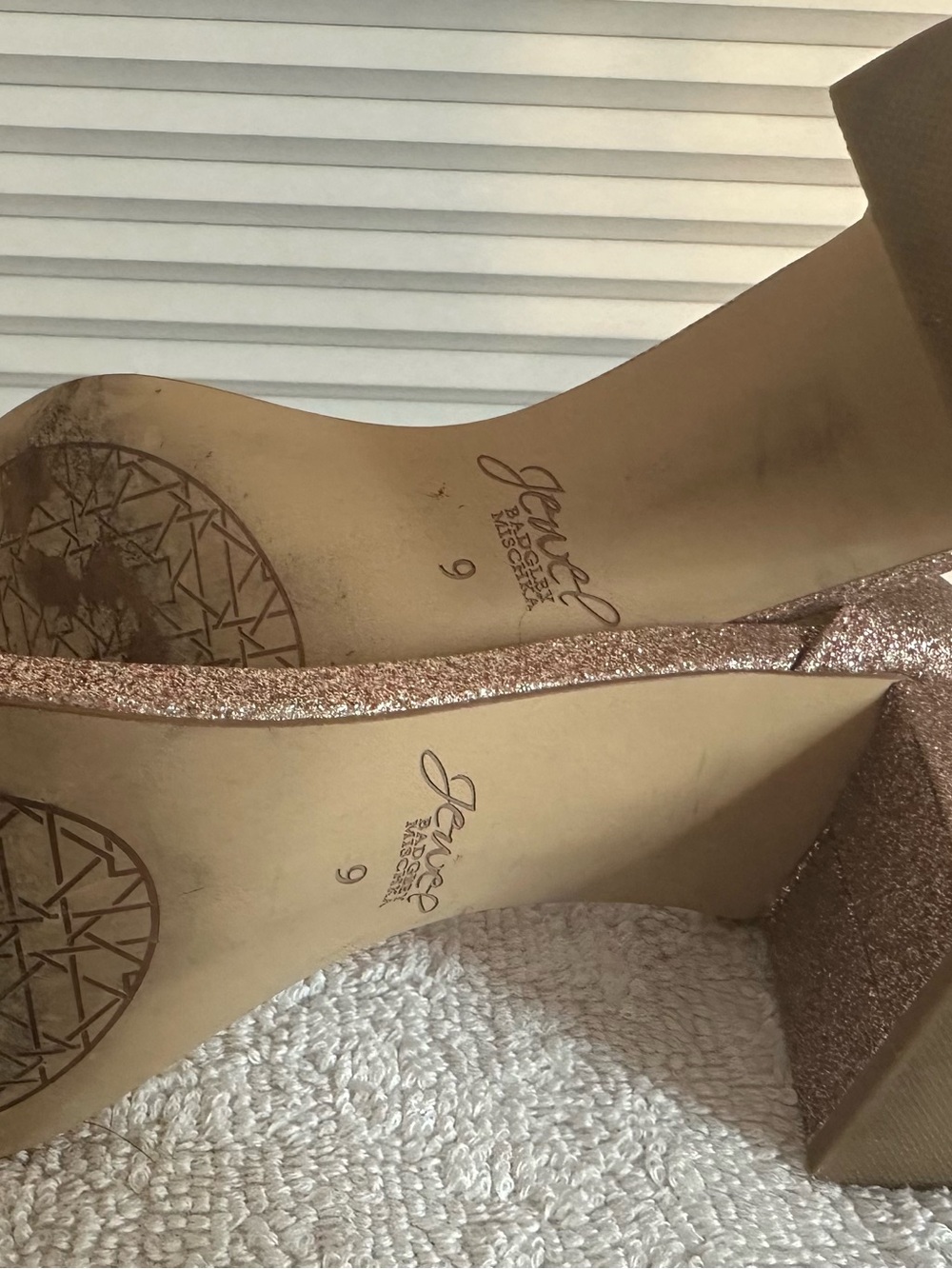 Jewel Badgley Mischka Rose Gold Glitter Jeweled Ankle-Strap Block Heels - Picture 6 of 6